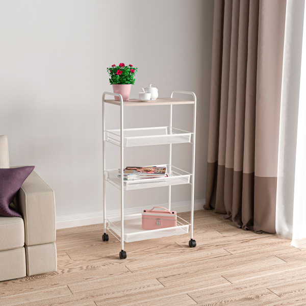 Этажерка "Ладья 34 КС 4секц Белый, стол дер+колёса