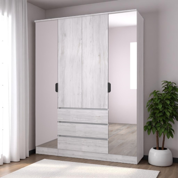 ВЕНСЕН Шкаф 4-х дв, 3 ящ/Стандарт-Зеркало/Сосна Лофт